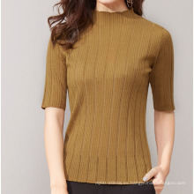 PK18ST070 clásica raya mujeres medias cuello alto mangas cortas suéter de algodón